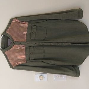 Anthropologie army green bronze metallic oversized shirt jacket size 8